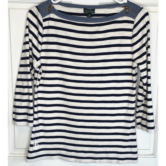 Lauren Ralph Lauren Women's Striped Pullover Sz M Navy White Embroidered Preppy - Picture 1 of 13
